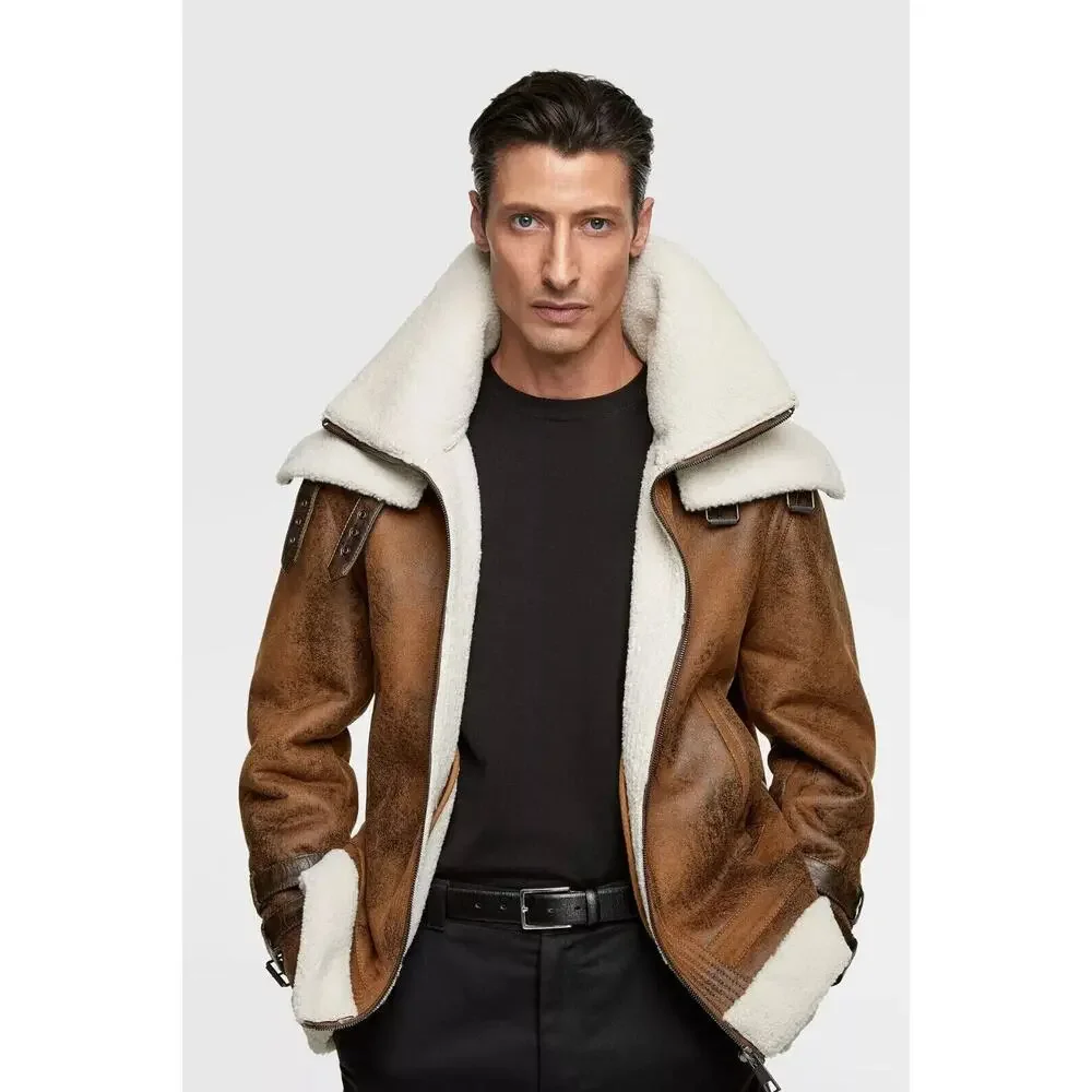 Zara Faux Leather Sherpa Lined Aviator Style Contrast Double Collar Jacket Large - Picture 13 of 13